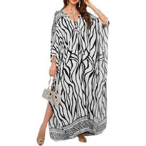Women's Black & White V-Neck Batwing Sleeves Summer Beach Cover Up Kaftan Dress